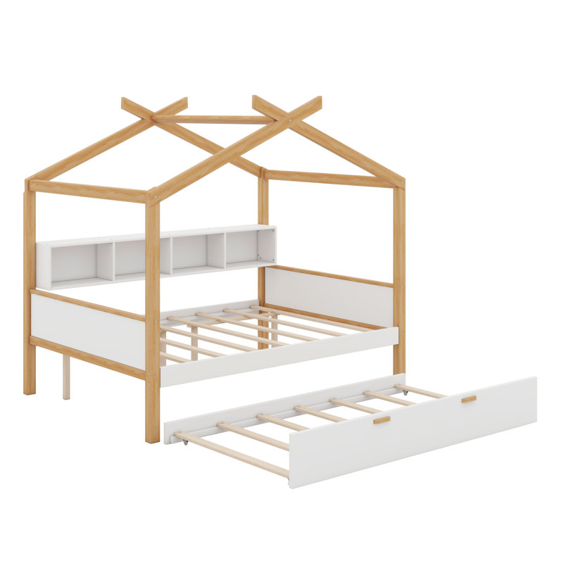 Lit en bois avec lit gigogne et bibliothèque, idéal pour les chambres d'enfants et les espaces invités