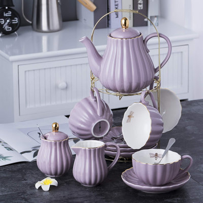 Porcelain Tea Set- 8 OZ White Coffee Cup/Teacup, Saucer, Spoons, Teapot and Creamer set, 17-Pieces