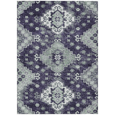 3' X 5' Purple Eggplant And Sage Medallion Washable Indoor Outdoor Area Rug
