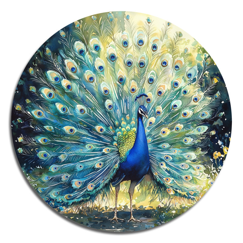 Paon en pleine présentation II - oiseau, décoration murale ronde en métal, impression d'art moderne en métal bleu