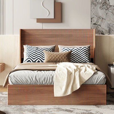 Queen Large Grooved Undulating Lift Storage Bed Frame, Wooden Platform Bed Frame With Lift Storage