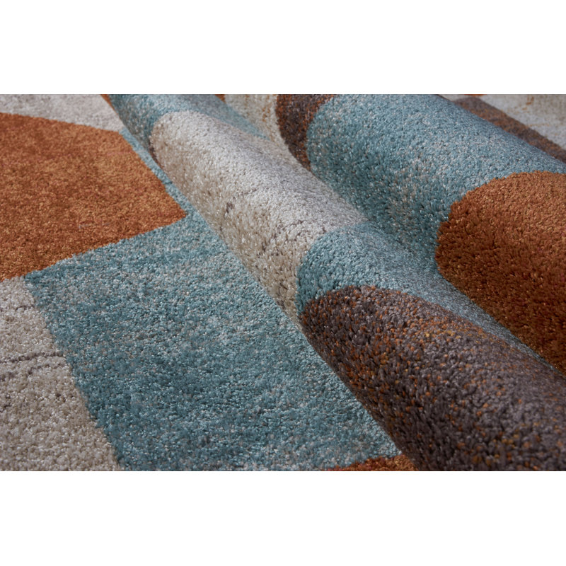 Tapis abstrait crème / brun / bleu, Rectangle 3 pi 9 po x 5 pi 5 po
