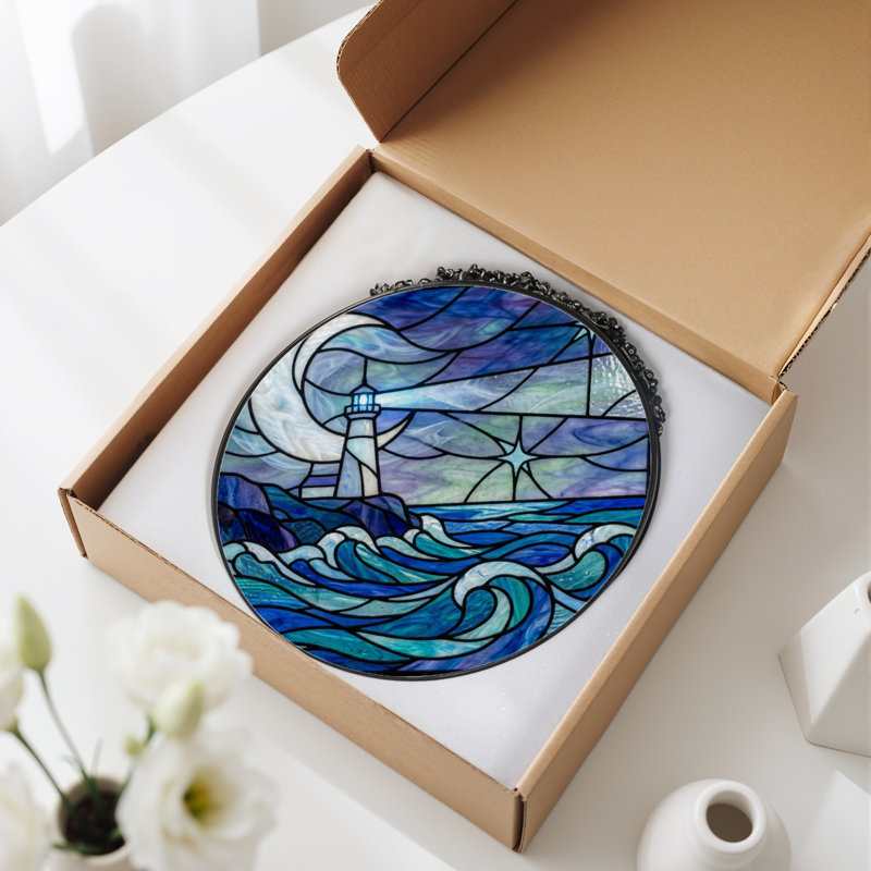7.8"H Lighthouse Ocean Stained Glass Window Panel, 7.8" H x 7.8" W