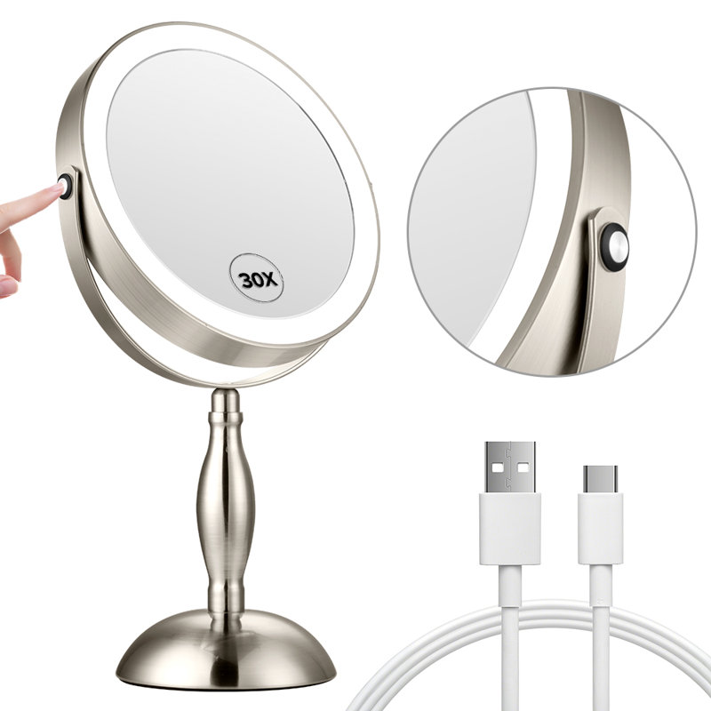 Metal Round Led Makeup Mirror, Rechargeable 1x/30x Magnifying Mirror With 3 Color Dimmable Lights, Brushed Nickel