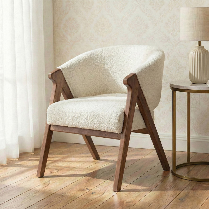 26" Boucle Accent Chair with Solid Wood Frame, Armchair with Wrap-Around Backrest, Cream