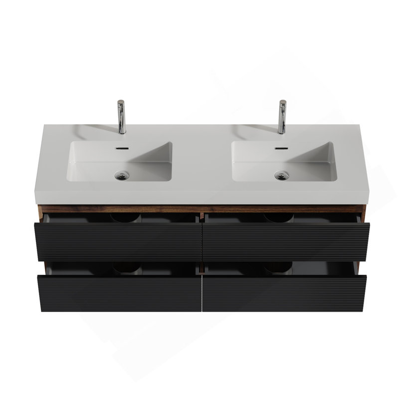 Meuble-lavabo de 60 po en noyer Grace avec lavabo à surface blanc brillant et tiroirs noirs doux, meuble-lavabo mural flottant pour salle de bain moderne, lavabo une pièce sans drainage, pré-assemblé