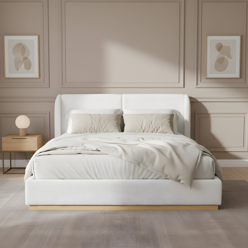 Nordelle Modern Minimalist Bouclé Wingback Bed Frame with Enclosed Wood Base, Queen