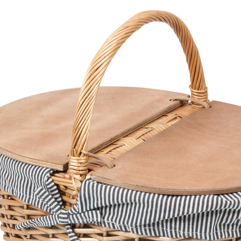 Navy Blue and White Stripe Wicker Picnic Basket with Wooden Lid