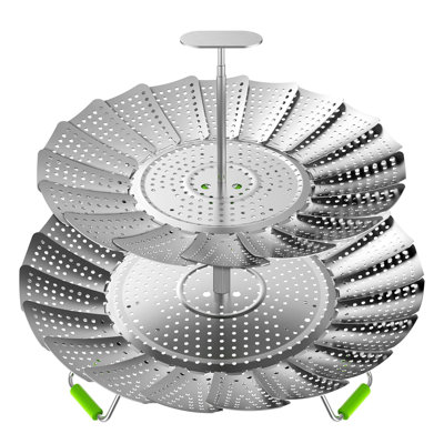 Panier à vapeur pliable extensible pour légumes, panier à vapeur en acier inoxydable avec poignée évolutive, cuiseur à vapeur double séparable pour la cuisson à la maison, 2 couches (argent)