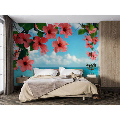 Papier peint hibiscus tropical - Papier peint floral plage rose - Papier peint floral 3D pour le salon de la chambre à coucher