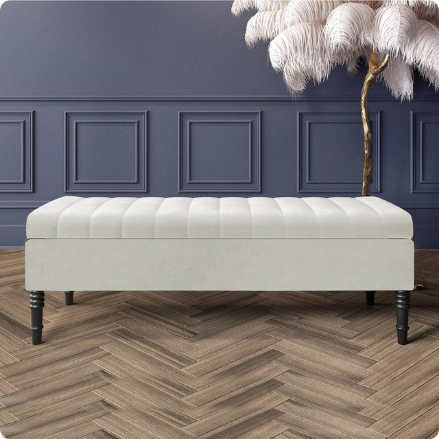 Safar Striped Ottoman Storage Bench – Upholstery Plush Velvet Shoe Bench with Black Turned Wooden Legs, Cream