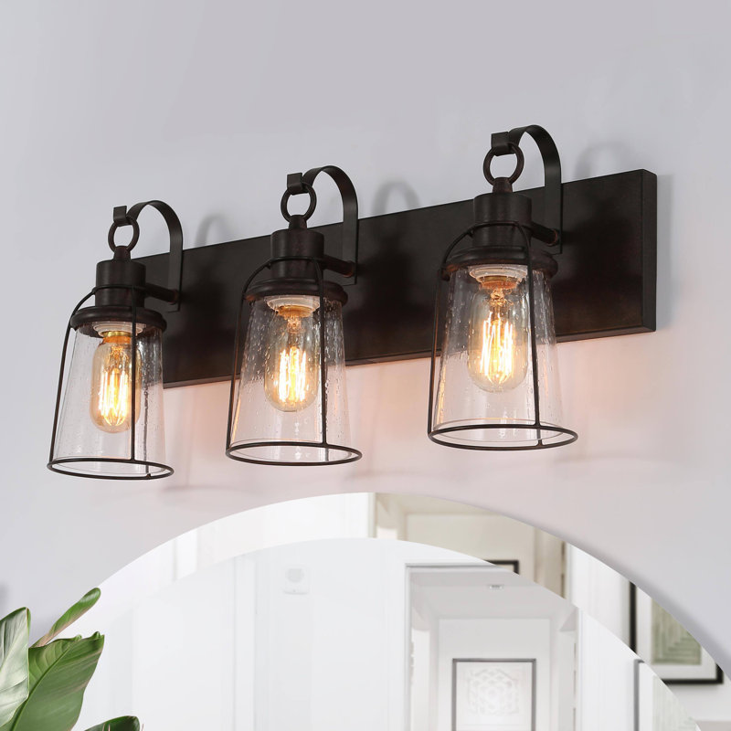3-Light Bath Vanity Light Dimmable with Bronze Cage Bell Glass Shade