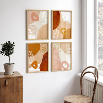 Multicolore, encadré, impression, collage, ensemble de galerie d'art, collage pastel brun et rose, aquarelle abstraite, formes modernes, relax / calme, pour le salon, le bureau, la chambre à coucher