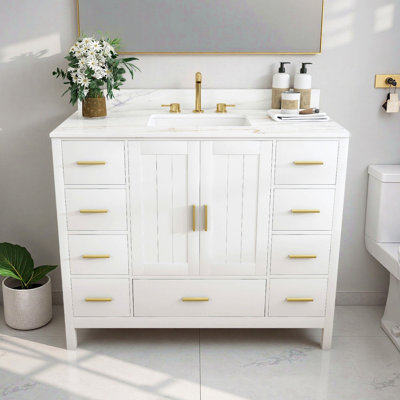 Meuble-lavabo moderne en bois massif de 42 po avec lavabo, comptoir en pierre frittée blanche de Carrare de 43 po avec 3 trous pré-percés pour robinetterie, 2 portes doubles à fermeture douce et 9 tiroirs spacieux avec glissières (blanc)