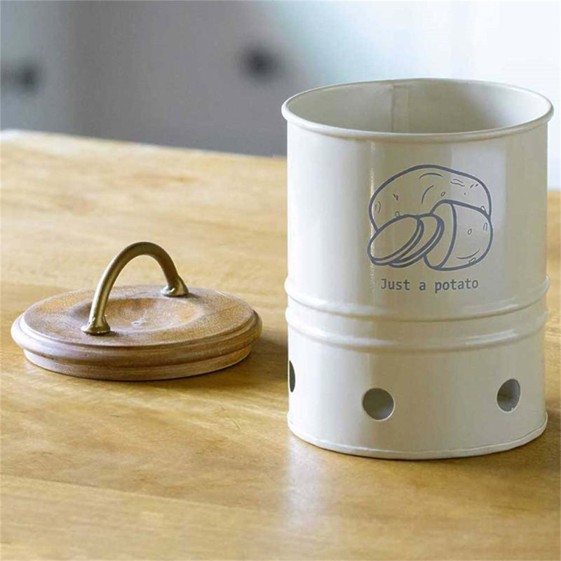 Bac de rangement durable pour pommes de terre en métal avec couvercle en bois - Pot de cuisine élégant pour le rangement organisé et esthétique