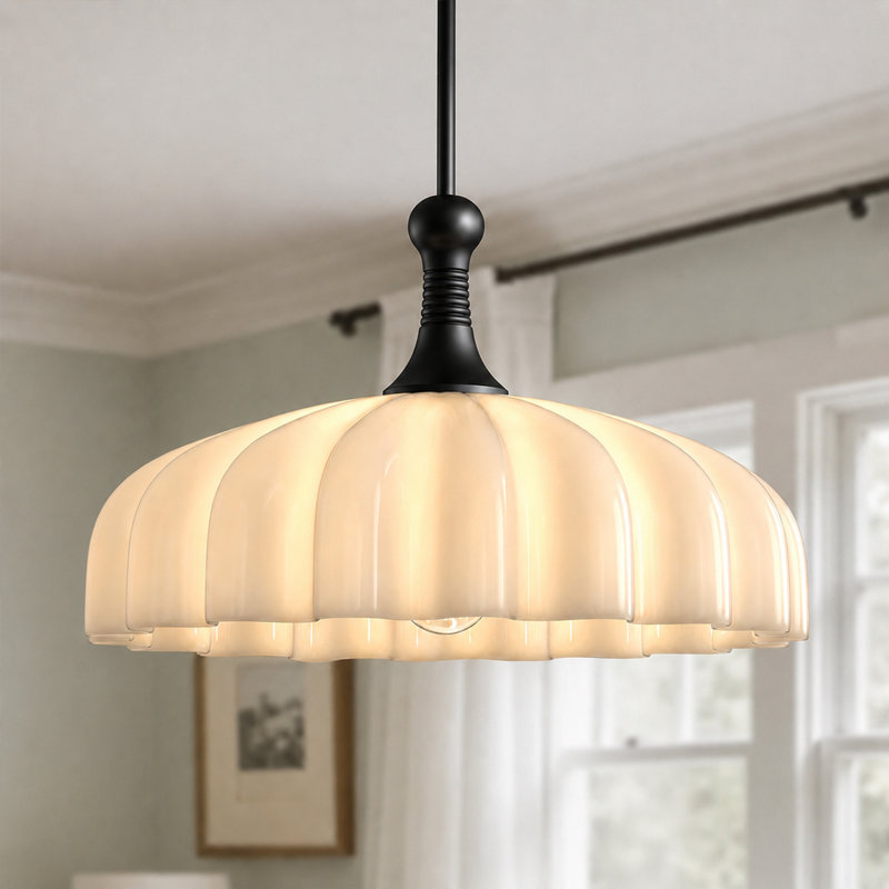 1 - Light Single Pendant With Milk White Glass Shade, Matte Black