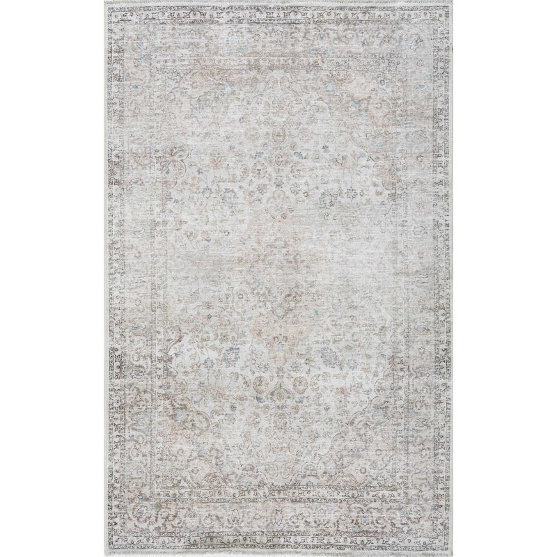 Jaelyne Machine Washable Beige/Gray Oriental Area Rug, Rectangle 4' x 6'