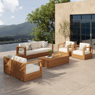Ensemble de conversation pour patio 5 pièces en bois de teck massif avec coussins