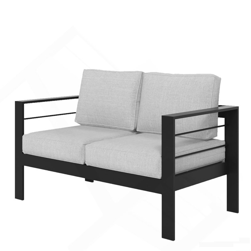 50" All-Weather Aluminum Patio Loveseat With Thick Light Gray Cushions & Black Frame, Gray, Black