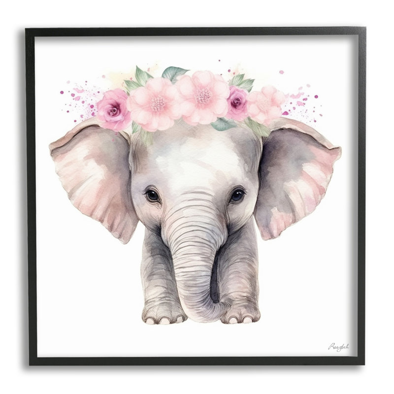 «Pink Floral Elephant» encadré sur bois par Roozbeh, Giclée encadrée noir minuit, H 12 po x l 12 po x P 1,5 po