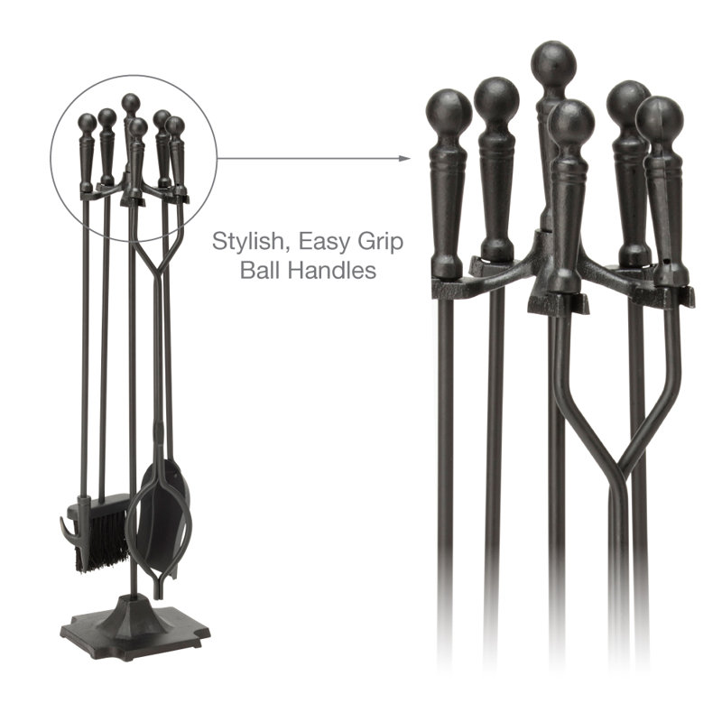 Black Iron 5-Piece Fireplace Tool Set with Ergonomic Handles