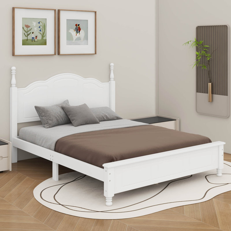 Lit plateforme en bois de style rétro avec support en lattes de bois, Lit double, Blanc