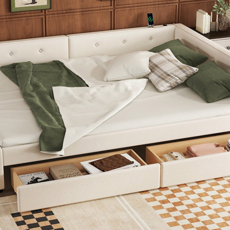 Grand lit plateforme tapissier avec port USB et 2 tiroirs, base de lit
