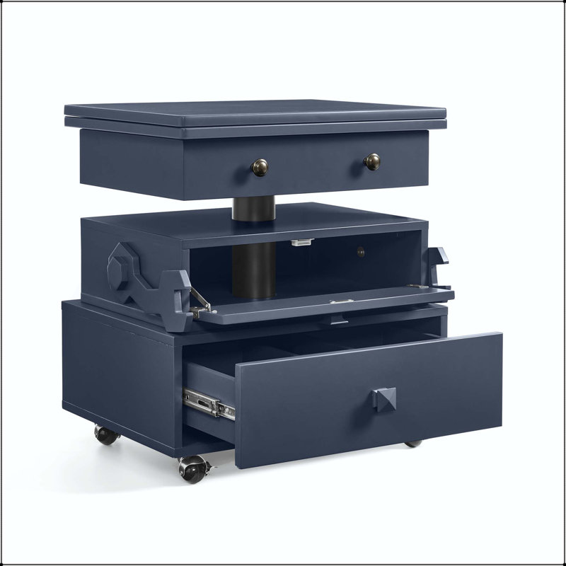 Adjustable Height Rolling End Table - Flip-Top with Charging Station & Storage, Blue