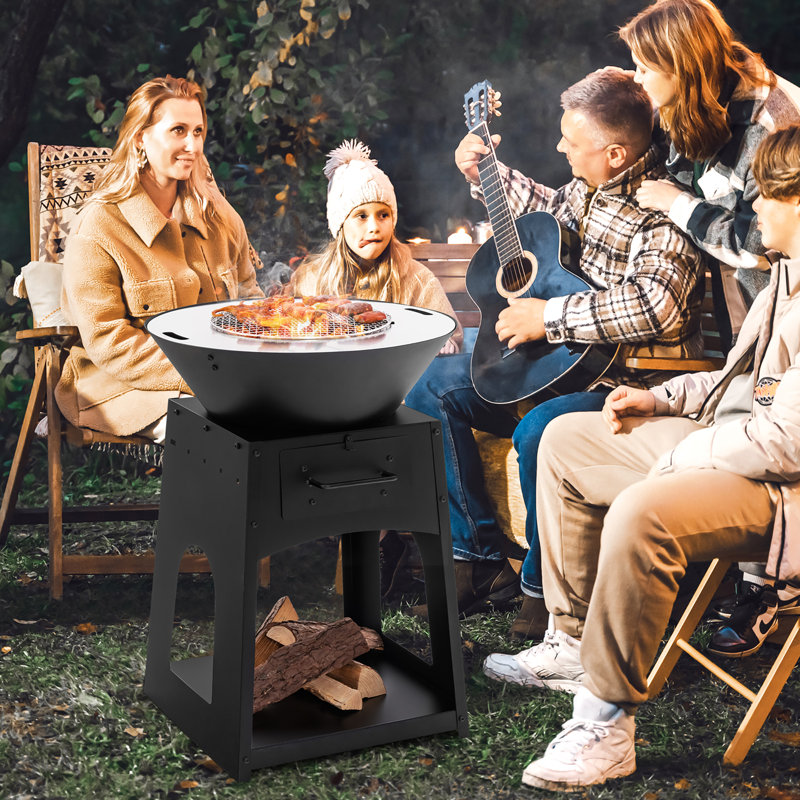 Gymax Patio Fire Pit W/ Firewood Log Rack Outdoor Wood Burning Fireplace W/ Grill & Ash Box