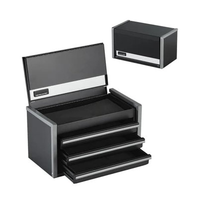 Boîte à outils en métal, 8,6 pouces, boîte à outils en métal portable avec 3 tiroirs, petit coffre à outils avec doublures en EVA et patins en PP, acier robuste avec ouverture pour roulement à billes et finition thermolaquée, noir