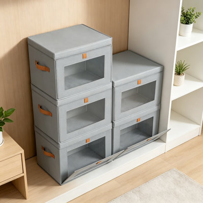 Large Closet Storage Organizer with Front Opening, Collapsible Fabric Storage Bins with Lids, Handles and Clear Window, Decorative Boxes for Clothes, Blankets, Living Room, Dorm, 5-Pack