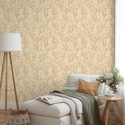 Blossom Branches Yellow Wallpaper
