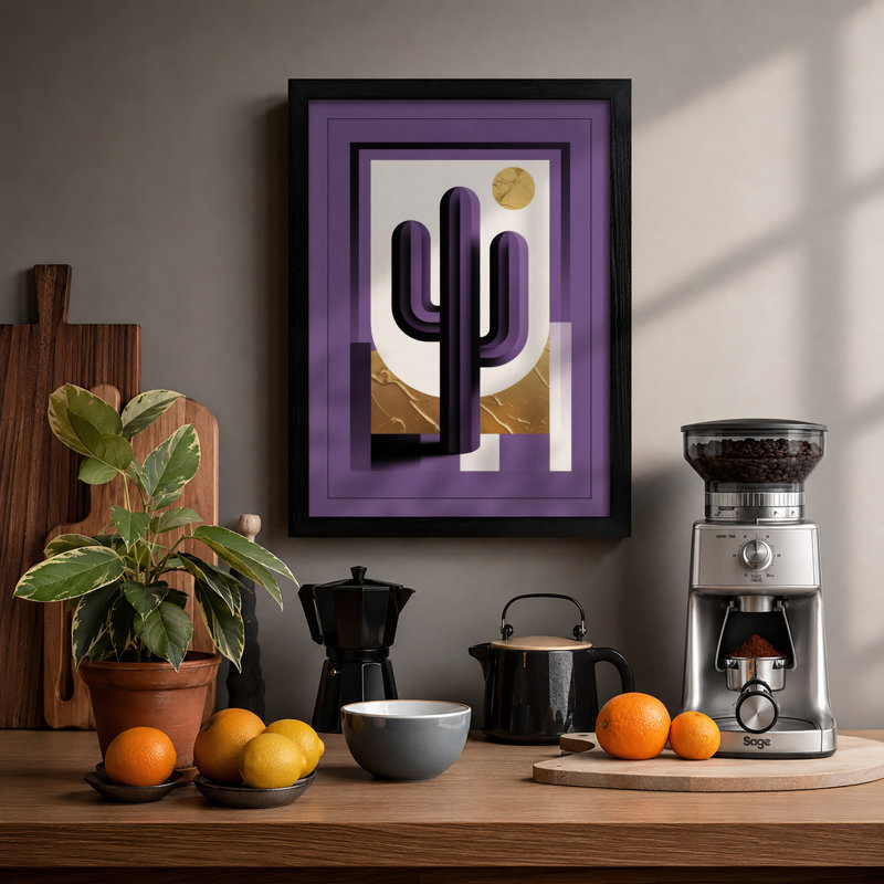 Desert Saguaro Art Deco - Framed Print, A1 - 84.1 x 59.4 cm, Oak