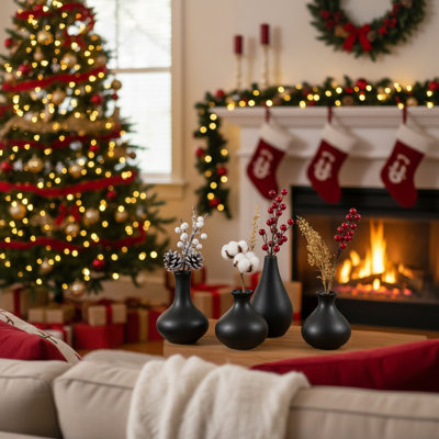 5 Piece 4.5“ Black Ceramic Bud Vase Set - Boho Modern Mini Living Room Fireplace Centerpiece