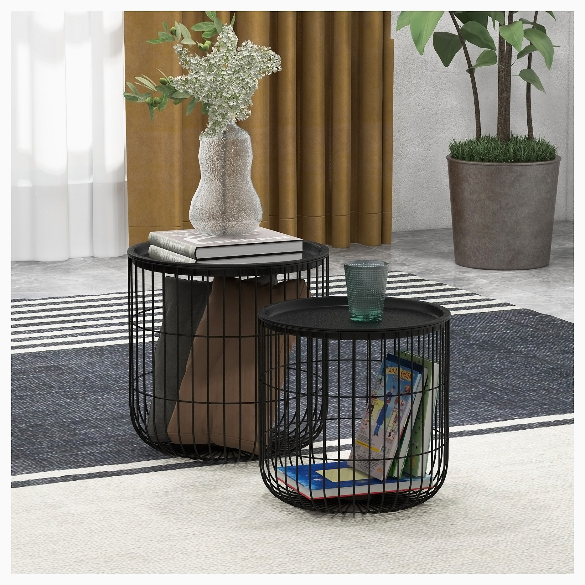 Wrought Studio™ Round Coffee Table with Steel Wired Basket Body, Stacking End Tables Blanket ...