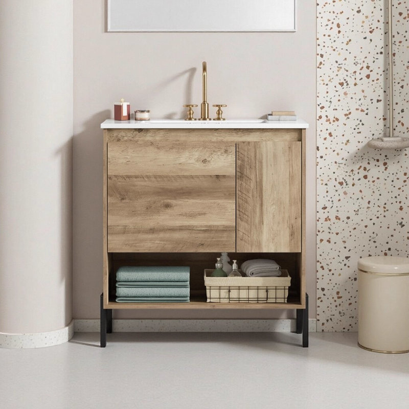 Meuble-lavabo moderne en bois 30 po avec comptoir en céramique, tiroir coulissant, porte à fermeture en douceur et tablette ouverte - finition bois naturel