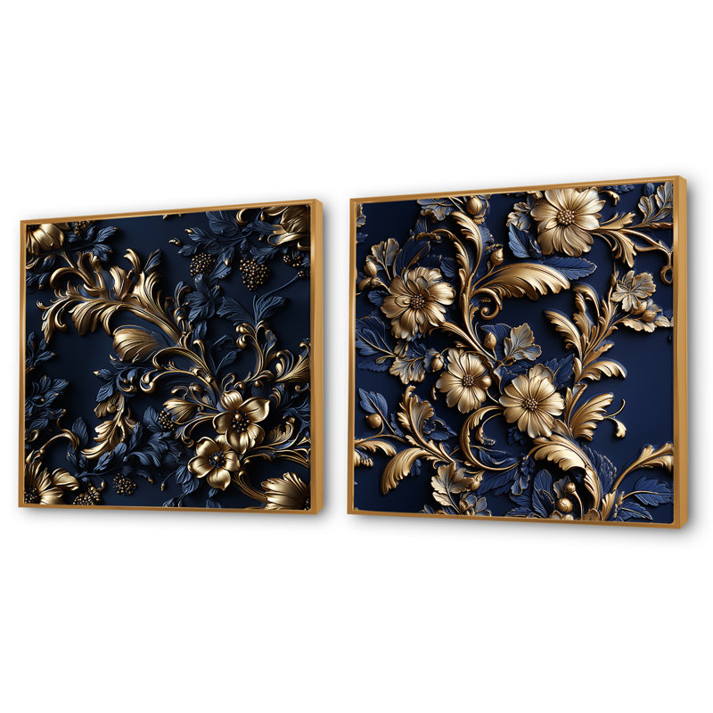 Cobalt Blue Gilded Frames Victorian Pattern - Abstract Botanicals Square Collage Set Of 2, Gold Floater Framed, 36" H x 73" W