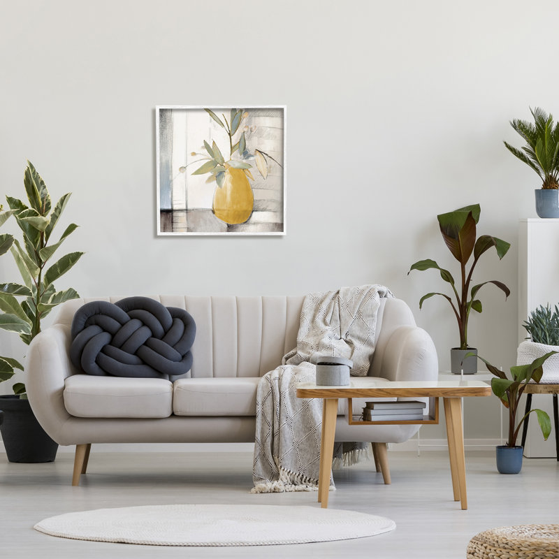 Abstrait plante pittoresque en pot feuilles vertes mur gris, H 24 po x l 24 po, Giclée encadrée blanc bord de mer