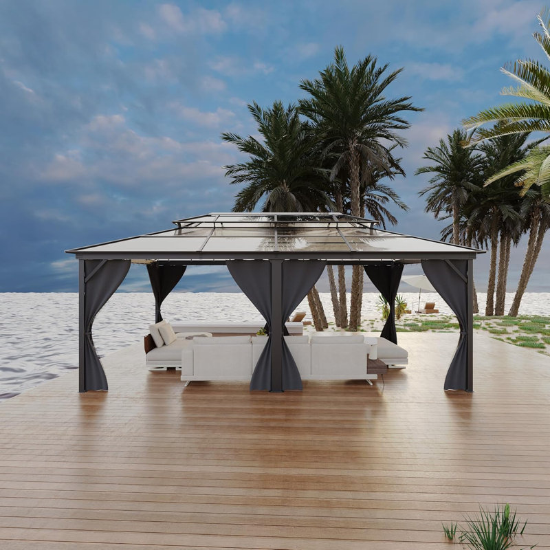 Pavillon de jardin 12 po x 20 pi, structure en aluminium, toit double en polycarbonate, avec filet et rideaux