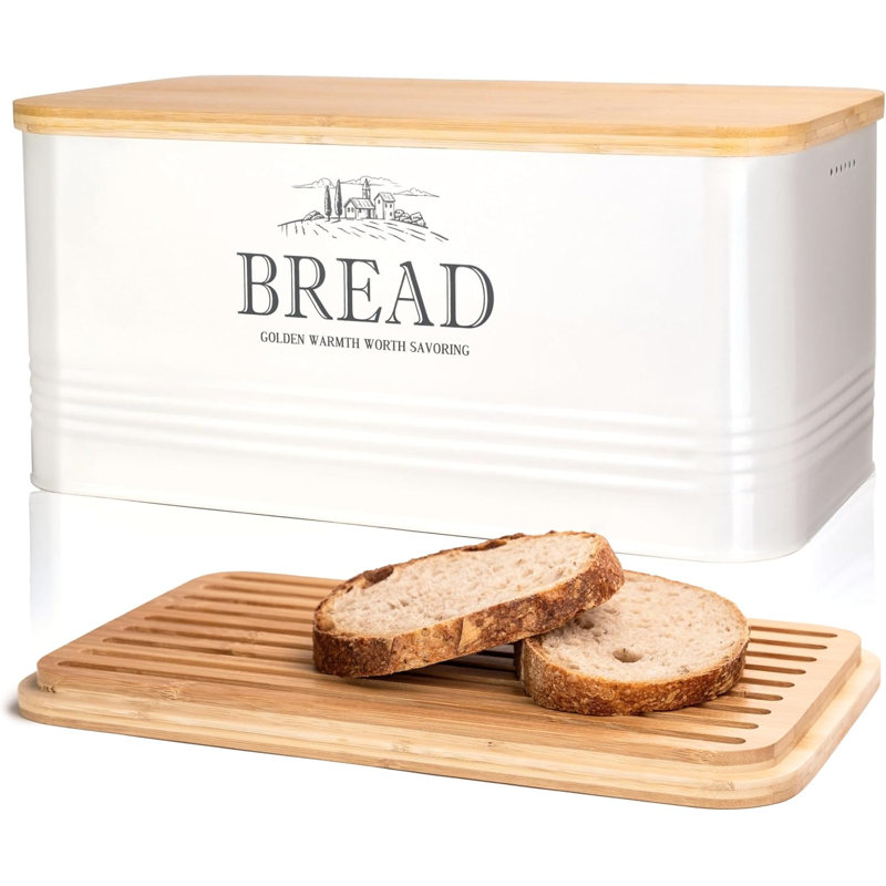 Boîte à pain en acier laqué blanc crème avec couvercle en bambou, style champêtre, aérée, idéale pour le comptoir de la cuisine.
