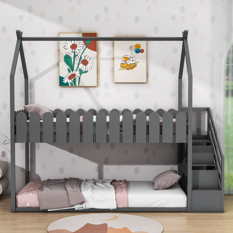 Antranig European Single (90 x 200 cm) 2 Drawer House Bunk Bed, Grey