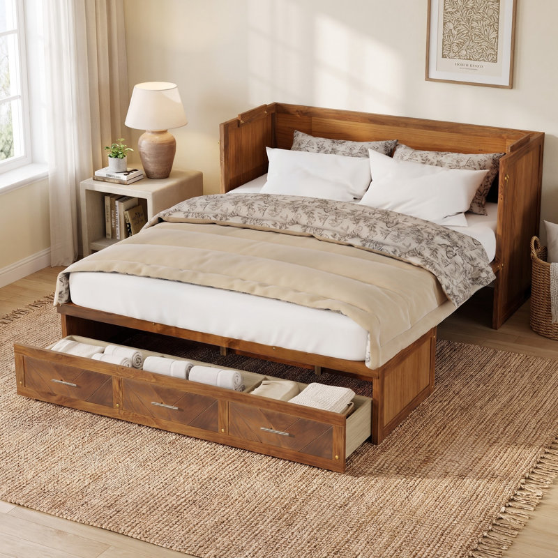 Pine Wood Murphy Cabinet Bed with Built-In USB/AC Charging Station, Geometric Panel Design & 3-Compartment Rolling Drawer – Space-Saving Wall Bed for Compact Living