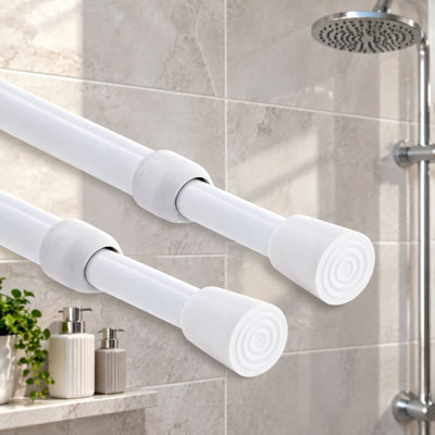 This 2PCS set of white spring-tension shower curtain rods adjusts from 27-47 inch and has a 1/2 inch diameter; each no-drill rod has a rubber cap on either end.