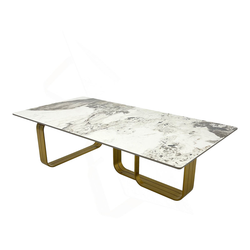 Rectangular coffee table with sintered stone top, metal frame, for Living Room, Gold