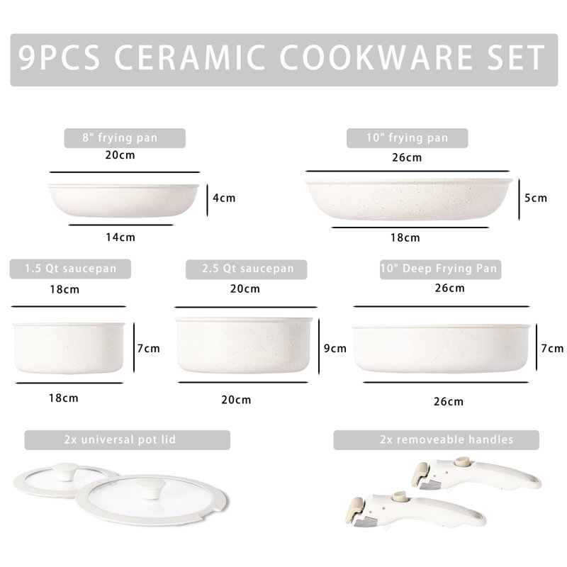 9-Piece Ceramic Non-Stick Cookware Set with Removable Handles, Grey