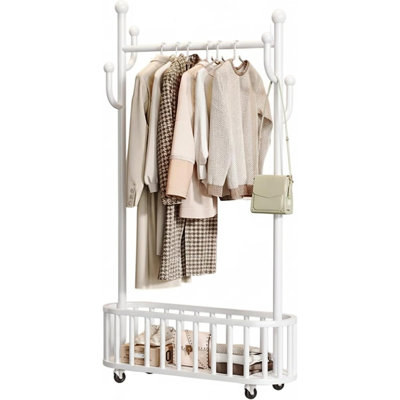 Metal Clothing Rack with Wheels, Rolling Clothes Racks for Hanging Clothes, Standing Garment Rack with Storage Shelf and 4 Hooks,Clothes Hanger Racks for Bedroom,Closet,Living-room