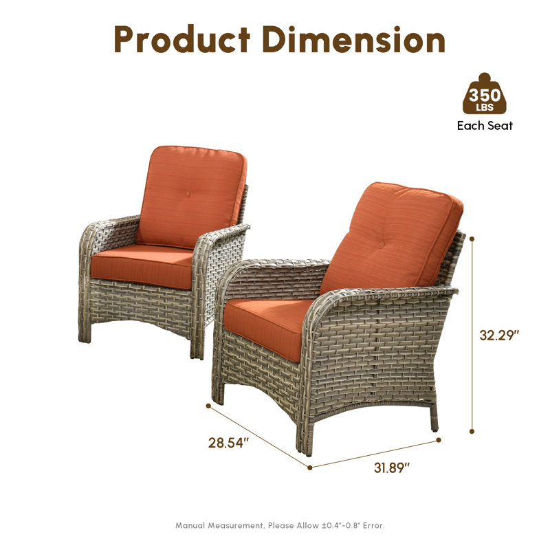 All-Weather Wicker Outdoor Lounge Chair With Cushions (Set Of 2), Orange Red