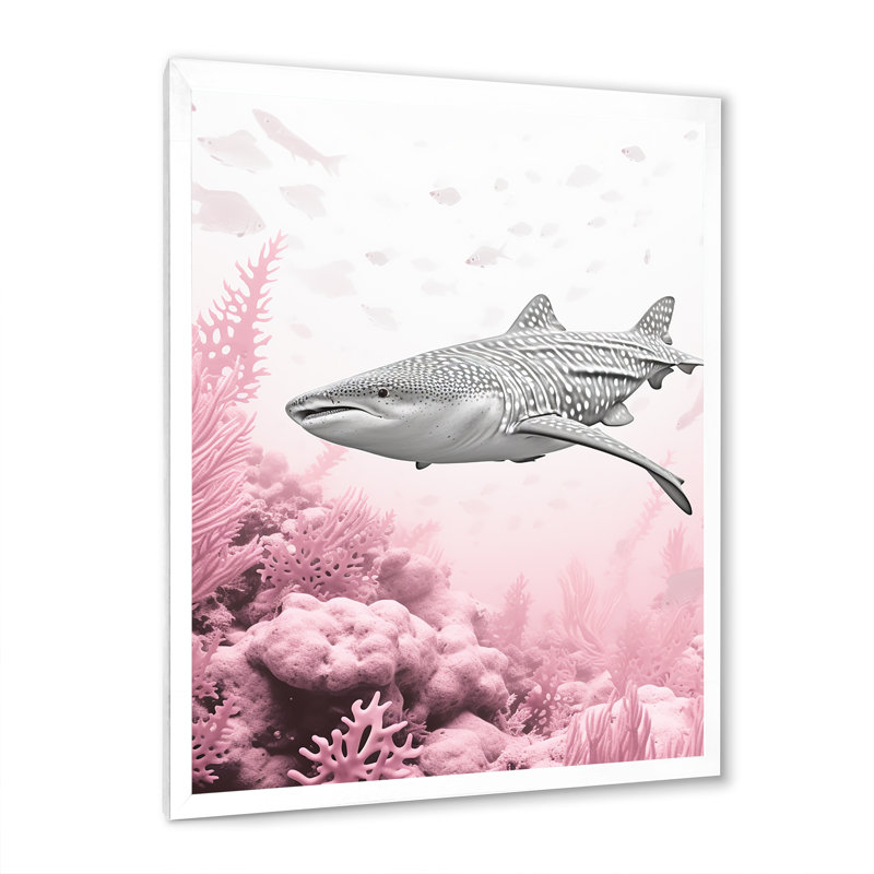 " Pink And Gray Shark Dance ", White Single Picture Framed, 40" H x 30" W x 1.5" D