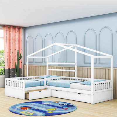 Twin Size L-Shaped Platform Bed With 3 Storage Drawers