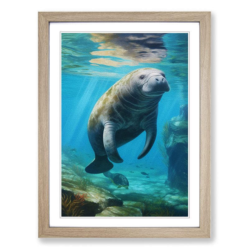 Manatee Hard Edge Painting 1 Piece Single Picture Frame Wall Art, 46cm H x 34cm W x 2cm D, Oak Framed